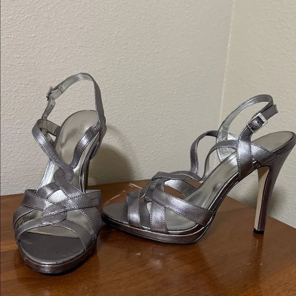 Gorgeous Calvin Klein platinum Strappy High Heel Sandals, size 9